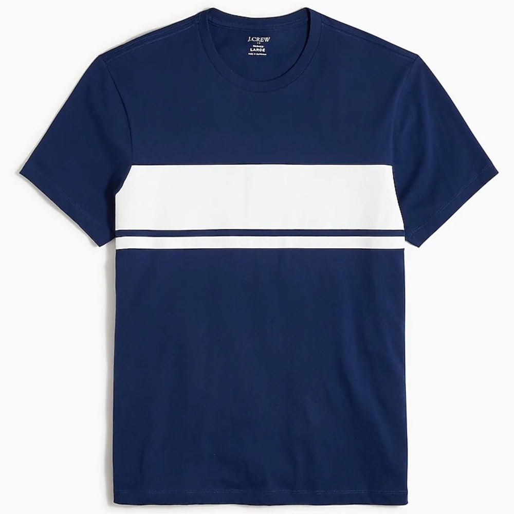 J. CREW T-Shirt Double Striped Tee Crewneck Navy Cotton White Silk Screen Stripe